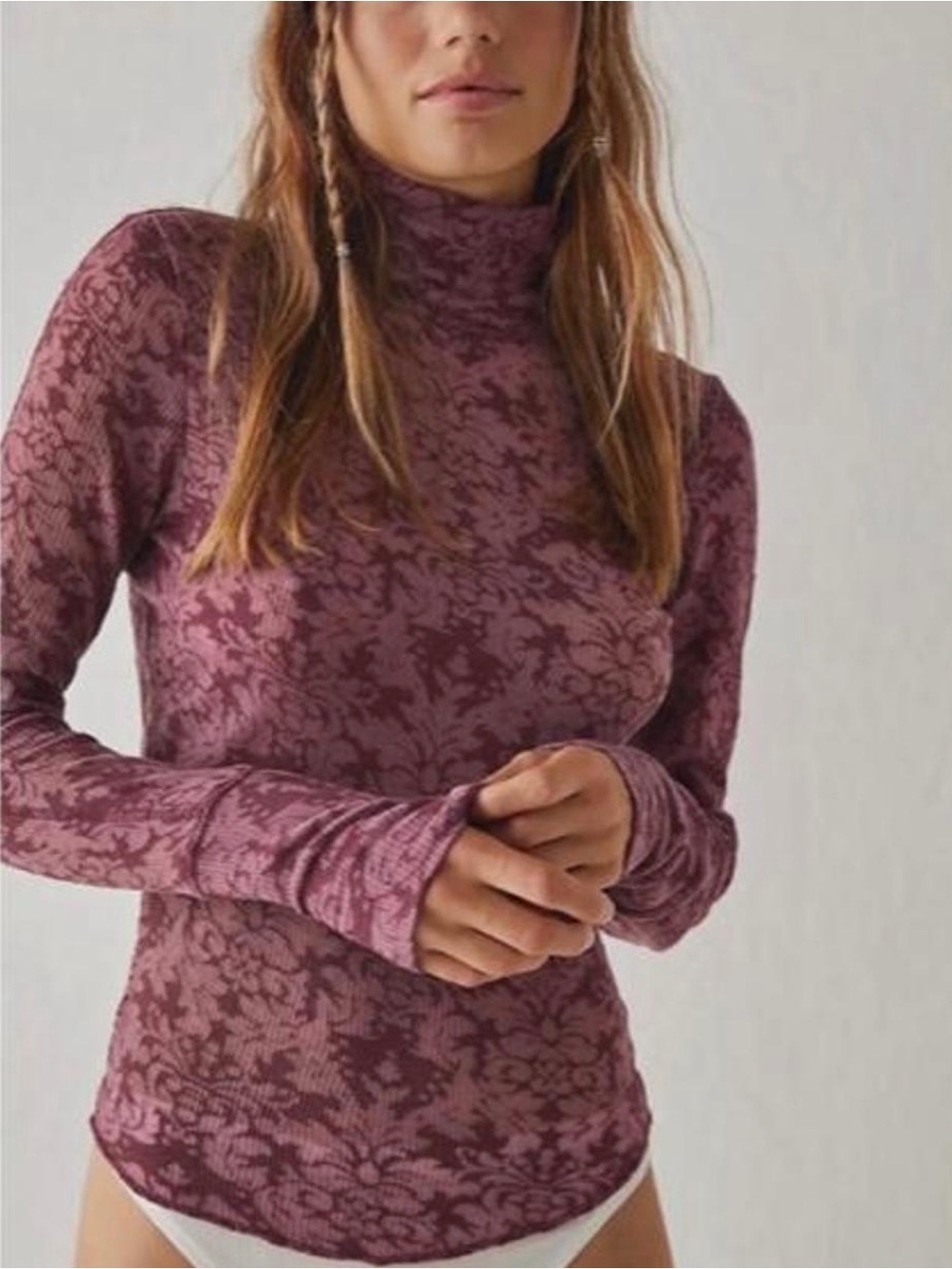 Intimately by Free People Mock Neck Printed Semi-Sheer Waffle Knit Top Medium